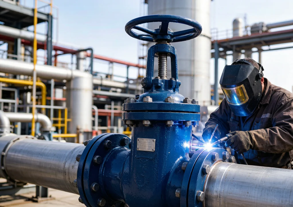 Welder performing a butt weld on a large gate valve installed in a petrochemical refinery pipeline